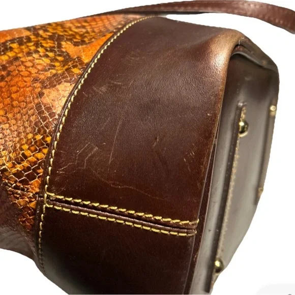 Dooney & Bourke Leather & Python Snakeskin Style Brown & Orange Shoulder Bag - Picture 5 of 16